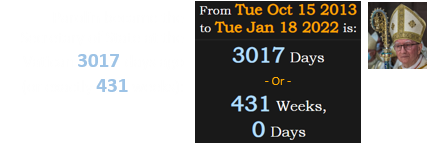 Parolin became the Secretary of State at the Vatican 3017 days ago (or exactly 431 weeks):