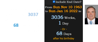 Today is the first day of McCarthy’s 3037th week of age, or a span of 68 days after his birthday: