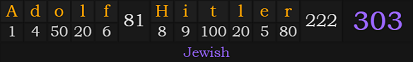 "Adolf Hitler" = 303 (Jewish)