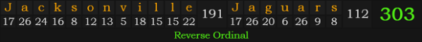 "Jacksonville Jaguars" = 303 (Reverse Ordinal)