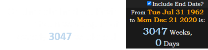 On the date he died, Kevin Green was a span of exactly 3047 weeks old: