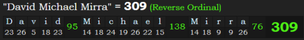 "David Michael Mirra" = 309 (Reverse Ordinal)