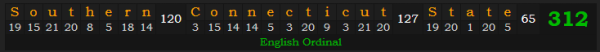 "Southern Connecticut State" = 312 (English Ordinal)