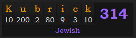 "Kubrick" = 314 (Jewish)