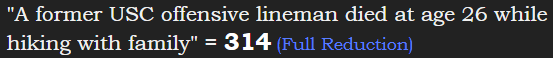 "A former USC offensive lineman died at age 26 while hiking with family" = 314 (Full Reduction)