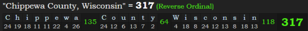 "Chippewa County, Wisconsin" = 317 (Reverse Ordinal)