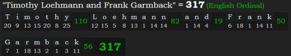 "Timothy Loehmann and Frank Garmback" = 317 (English Ordinal)