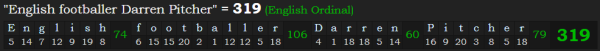 "English footballer Darren Pitcher" = 319 (English Ordinal)
