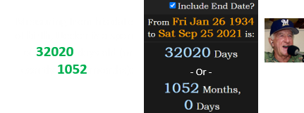 Measuring from his date of birth, Uecker is a span of 32020 days old (or exactly 1052 months):