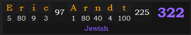 "Eric Arndt" = 322 (Jewish)