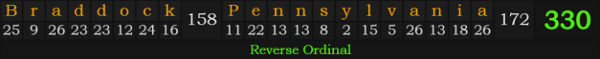 "Braddock, Pennsylvania" = 330 (Reverse Ordinal)