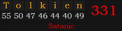 "Tolkien" = 331 (Satanic)