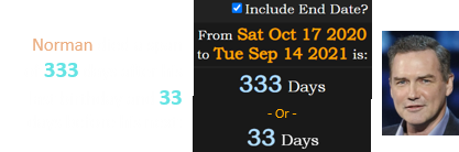 Norman died a span of 333 days after his last birthday and 33 days before his next: