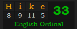 "Hike" = 33 (English Ordinal)