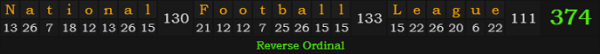 "National Football League" = 374 (Reverse Ordinal)