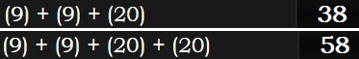 (9) + (9) + (20) = 38 and (9) + (9) + (20) + (20) = 58