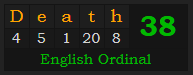 "Death" = 38 (English Ordinal)