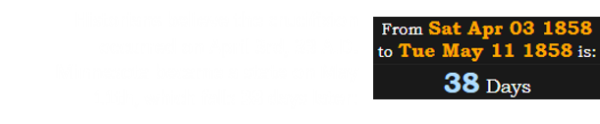 Historians believe the crucifixion occurred on April 3rd, 33 A.D. Minnesota became a state on May 11th, which falls 38 days later: