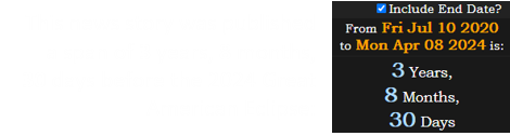 This news story was published a span of 3 years, 8 months, 30 days before the 2024 Great American Eclipse: