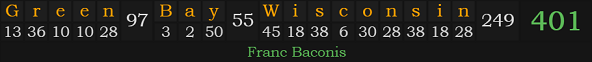 "Green Bay, Wisconsin" = 401 (Franc Baconis)