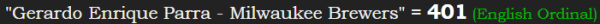 "Gerardo Enrique Parra - Milwaukee Brewers" = 401 (English Ordinal)