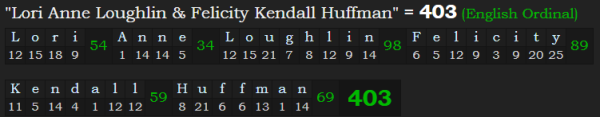 "Lori Anne Loughlin & Felicity Kendall Huffman" = 403 (English Ordinal)