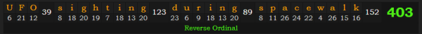 "UFO sighting during spacewalk" = 403 (Reverse Ordinal)