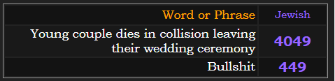 In Jewish gematria, Young couple dies in collision leaving their wedding ceremony = 4049, Bullshit = 449