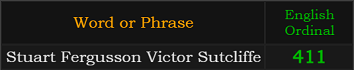 "Stuart Fergusson Victor Sutcliffe" = 411 (English Ordinal)