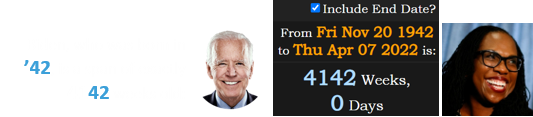 Biden, who was born in ’42, is a span of exactly 4142 weeks old: