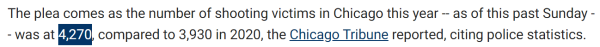 The plea comes as the number of shooting victims in Chicago this year -- as of this past Sunday -- was at 4,270, compared to 3,930 in 2020, the Chicago Tribune reported, citing police statistics.