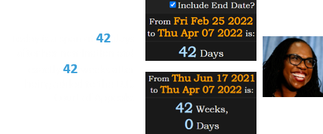 Today is a span of 42 days after her nomination and exactly 42 weeks after being added to the D.C. Court of Appeals: