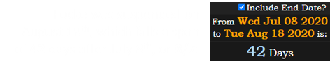 Focke was suspended on August 18th, which falls a span of 42 days after July 8th, or 8/7: