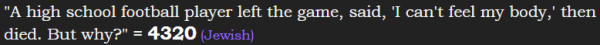 "A high school football player left the game, said, 'I can't feel my body,' then died. But why?" = 4320 (Jewish)