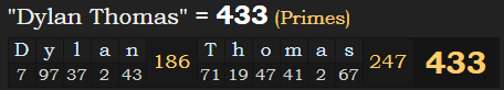 "Dylan Thomas" = 433 (Primes)