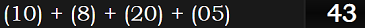 (10) + (8) + (20) + (05) = 43