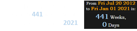 The shooting in Aurora fell exactly 441 weeks before the first day of 2021: