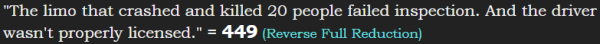 "The limo that crashed and killed 20 people failed inspection. And the driver wasn't properly licensed." = 449 (Reverse Full Reduction)