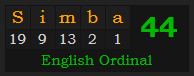 "Simba" = 44 (English Ordinal)