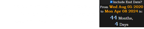 The baptism fell a span of exactly 44 months, 4 days before the second Great American Eclipse: