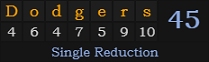 "Dodgers" = 45 (Single Reduction)