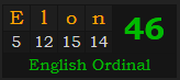 "Elon" = 46 (English Ordinal)