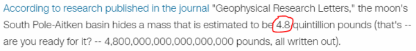 According to research published in the journal "Geophysical Research Letters," the moon's South Pole-Aitken basin hides a mass that is estimated to be 4.8 quintillion pounds (that's -- are you ready for it? -- 4,800,000,000,000,000,000 pounds, all written out).