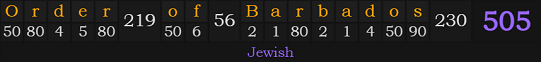 "Order of Barbados" = 505 (Jewish)