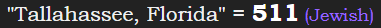 "Tallahassee, Florida" = 511 (Jewish)