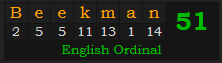 "Beekman" = 51 (English Ordinal)