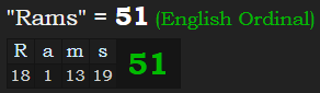 "Rams" = 51 (English Ordinal)