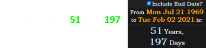 Today is a span of 51 years, 197 days after the Moon landing: