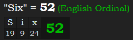 "Six" = 52 (English Ordinal)