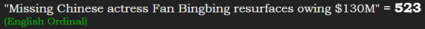 "Missing Chinese actress Fan Bingbing resurfaces owing $130M" = 523 (English Ordinal)